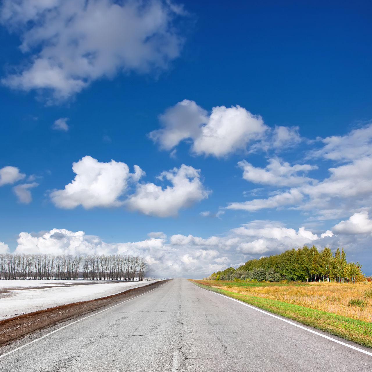 Eine gerade Landstraße. Auf der einen Seite liegt Schnee auf der anderen ist Sommer.