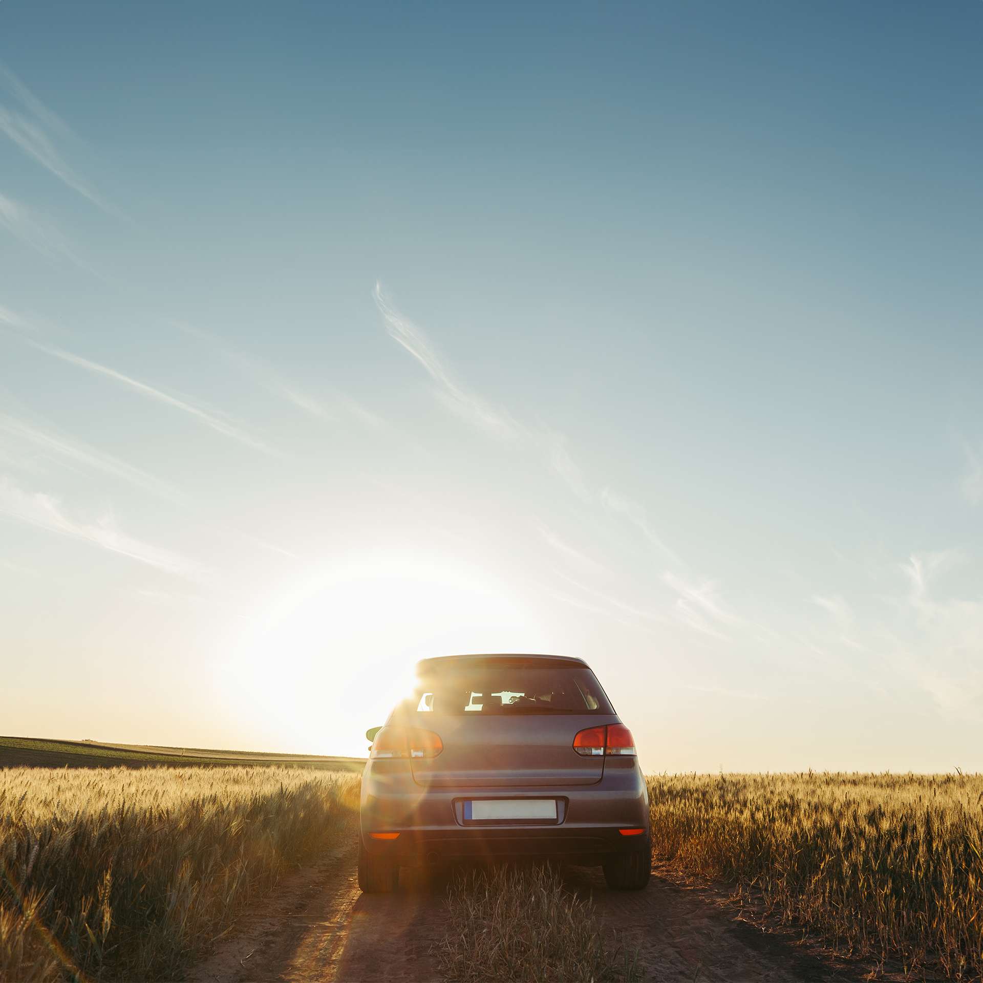 Ein Auto steht auf einem Feldweg, umgeben von goldenen Gräsern und dem weichen Licht des Sonnenuntergangs.