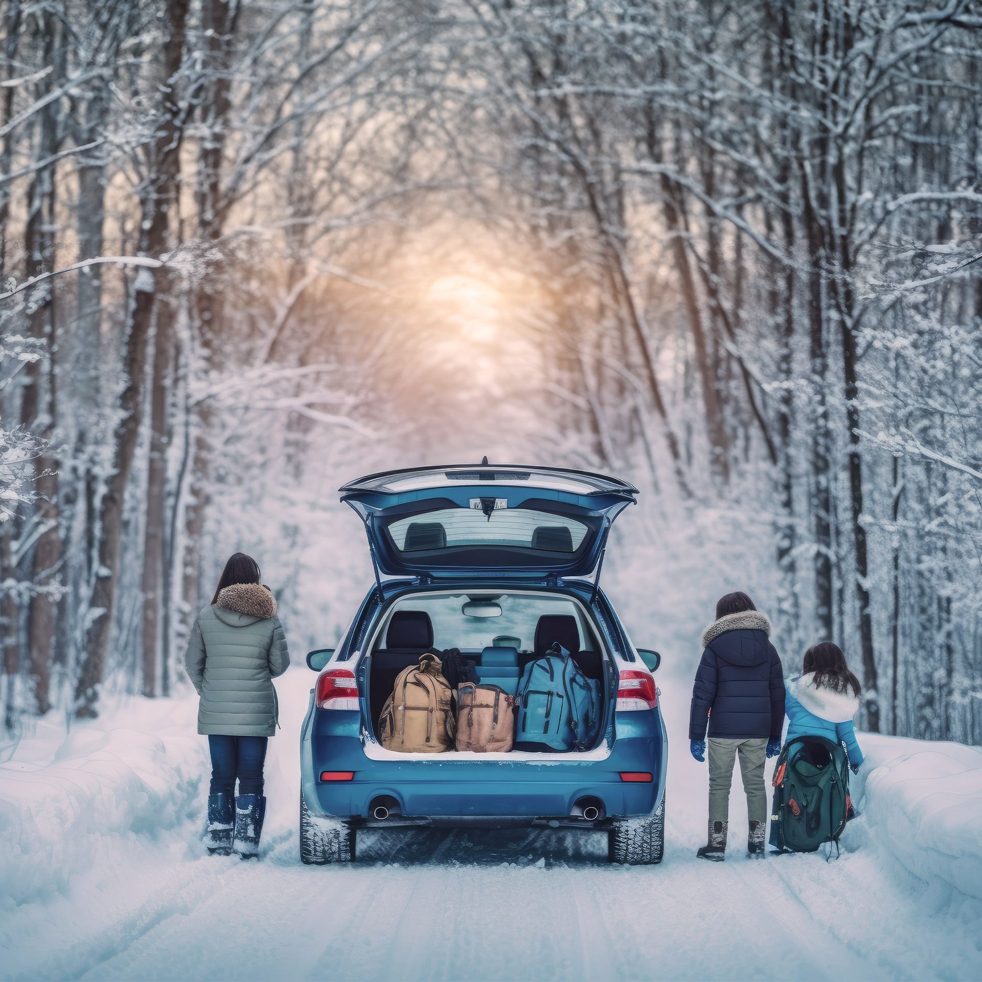Eine Familie macht eine Pause an ihrem Auto auf einer schneebedeckten Waldstraße bei Sonnenuntergang.