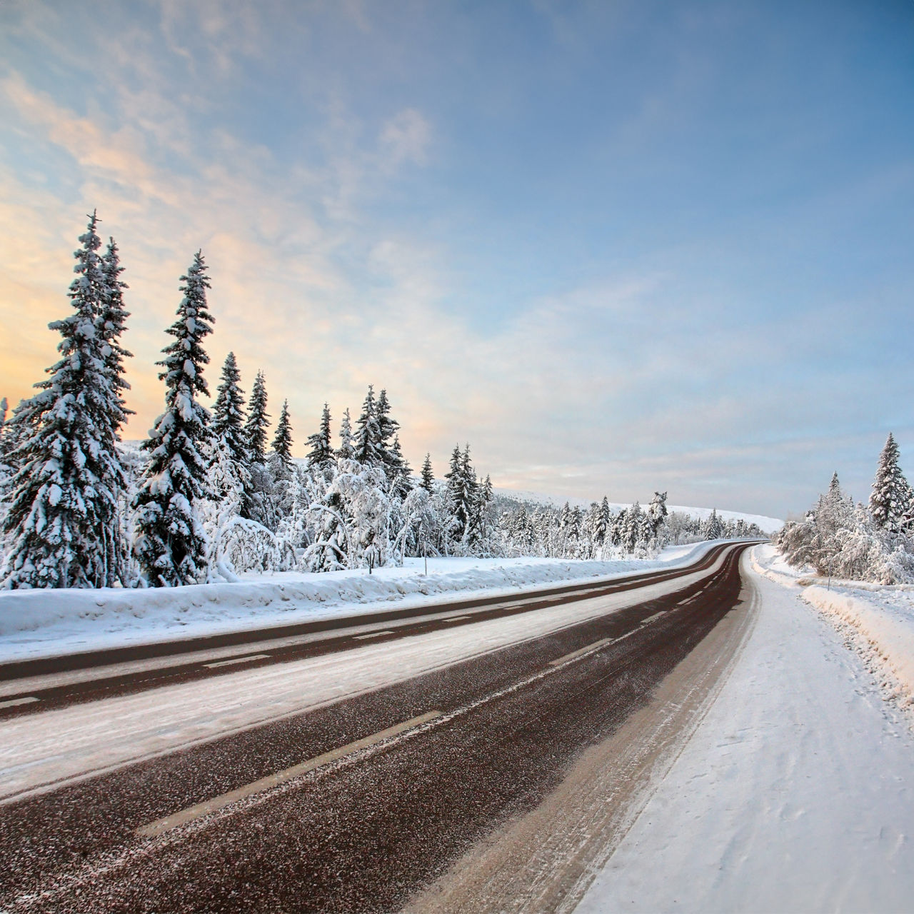 Eine verschneite Straße mit Bäumen im Sonnenaufgang, die eine warme Winterstimmung einfängt.
