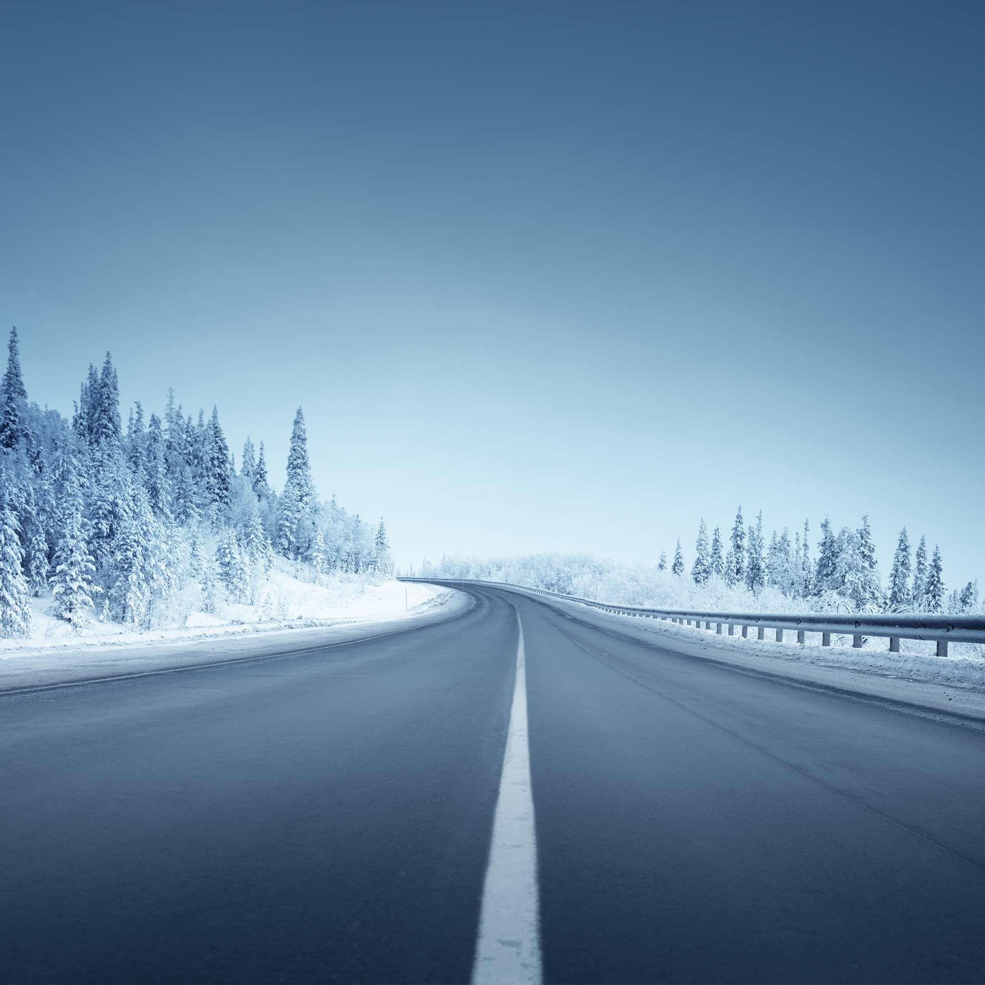 Eine kurvige Landstraße, umgeben von schneebedeckten Bäumen und einem frostigen Winterhimmel.