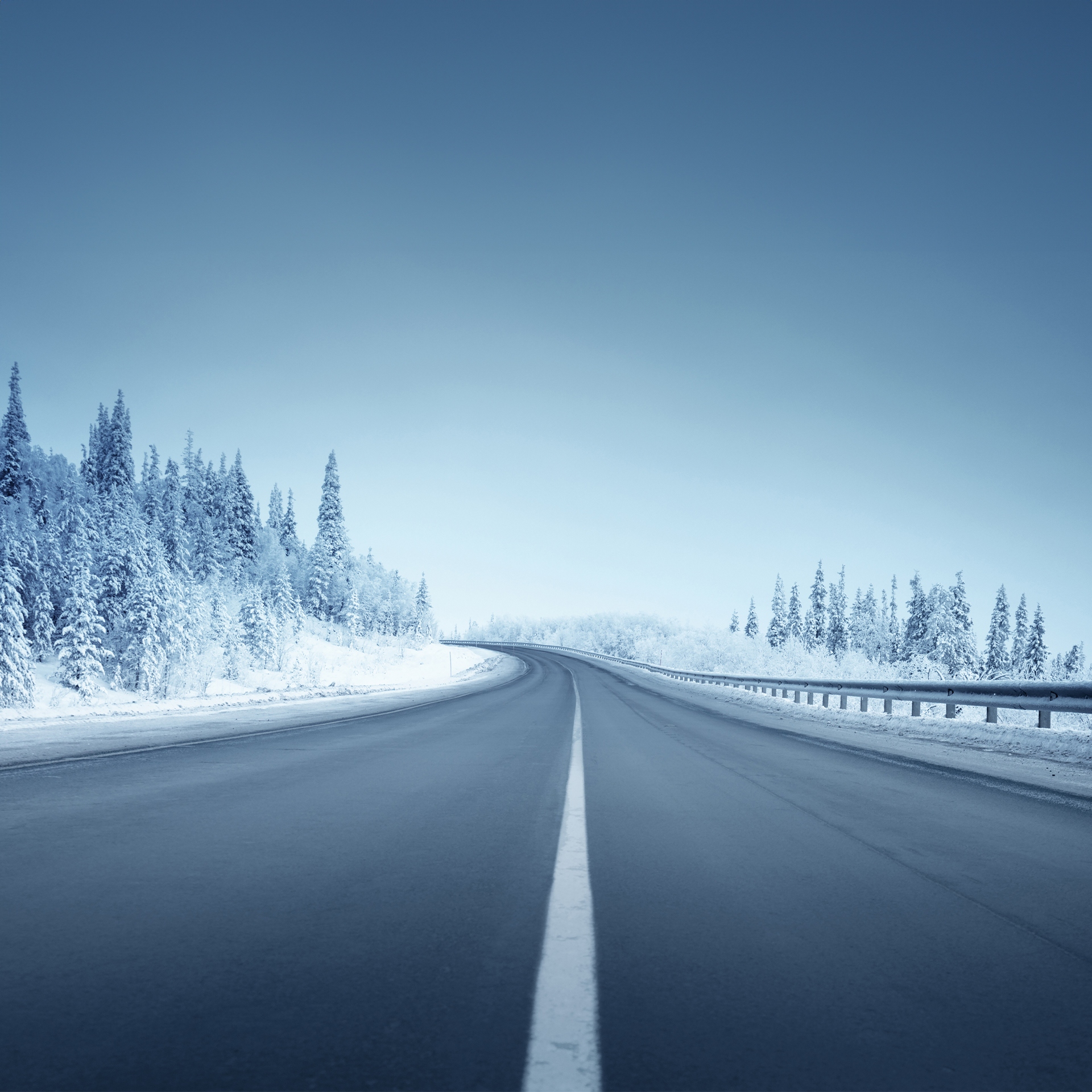 Eine kurvige Landstraße, umgeben von schneebedeckten Bäumen und einem frostigen Winterhimmel.