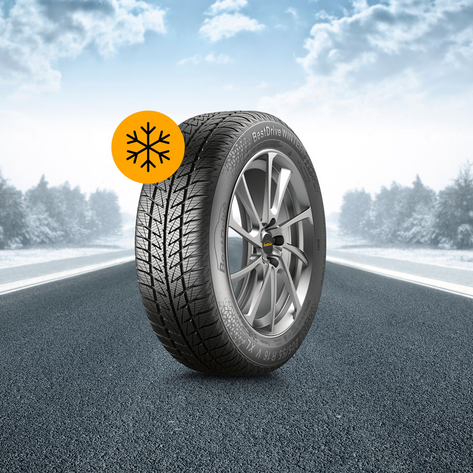 BestDrive Winterreifen steht in verschneiter Umgebung auf einer Straße.