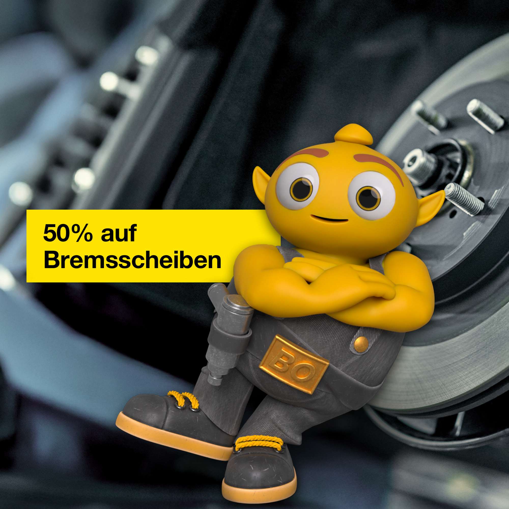 Bo lehnt sich an eine Bremsscheibe