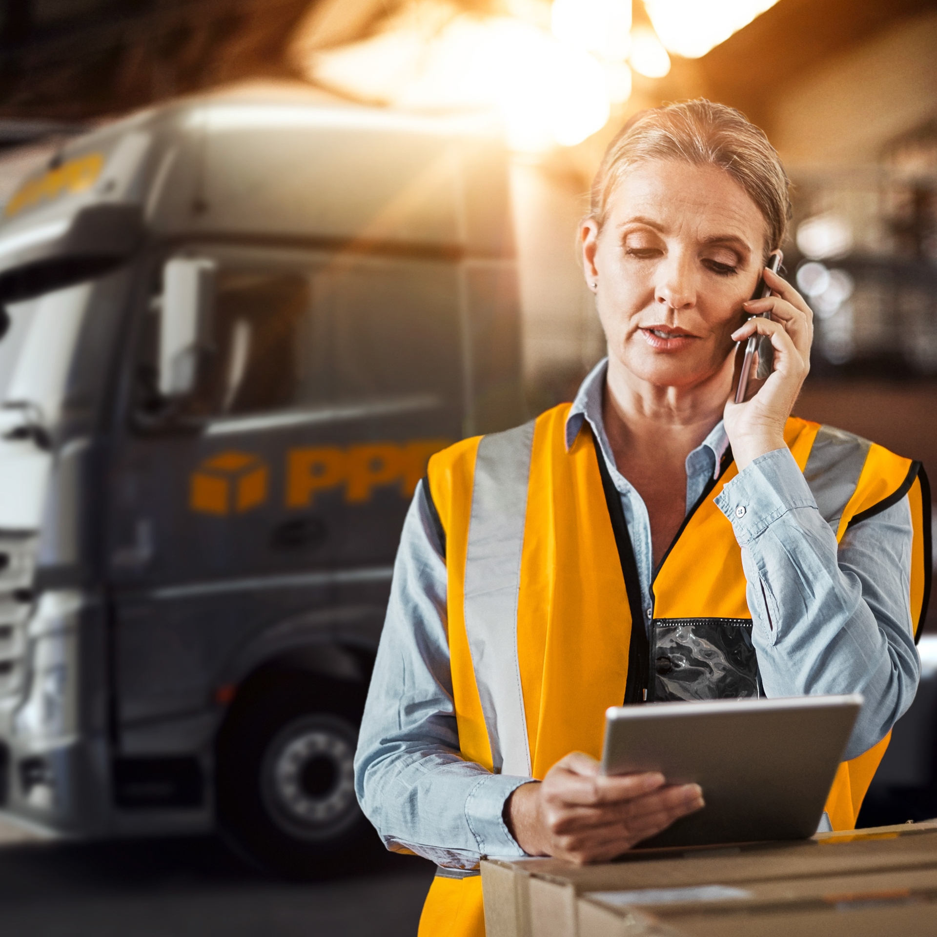 Shot of a mature woman using a mobile phone and digital tablet while working in a warehouse