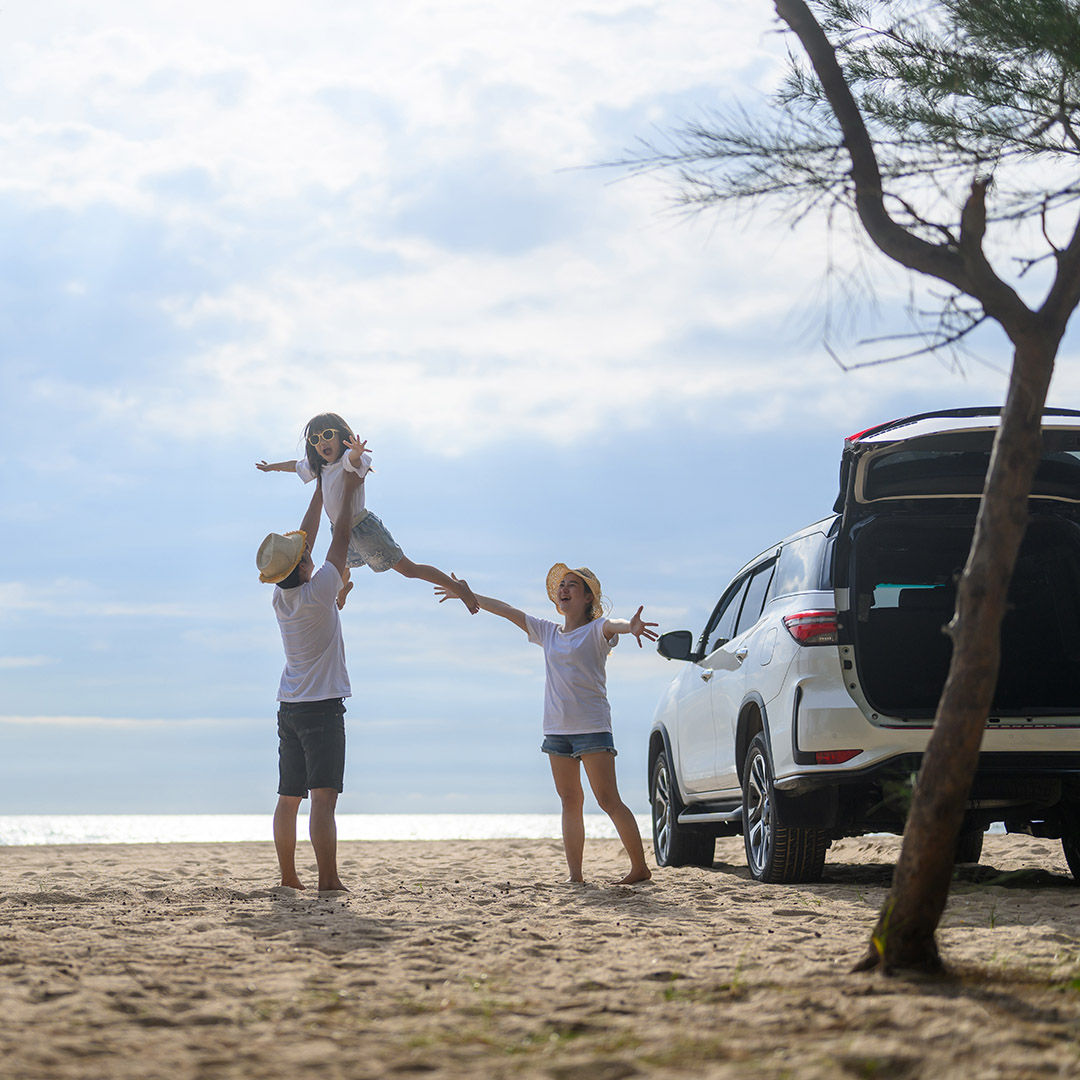 Family happy travel roadtrip. Family happy together with road trip travel to beach